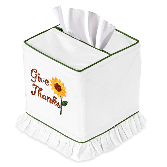 Tissue box cover with sunflower and 'Give Thanks' text on a white background