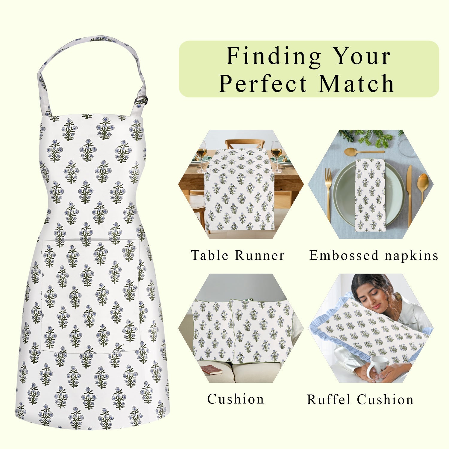 Indian Light Blue Hand Block Printed Cotton Kitchen Apron Ridhi Block Print
