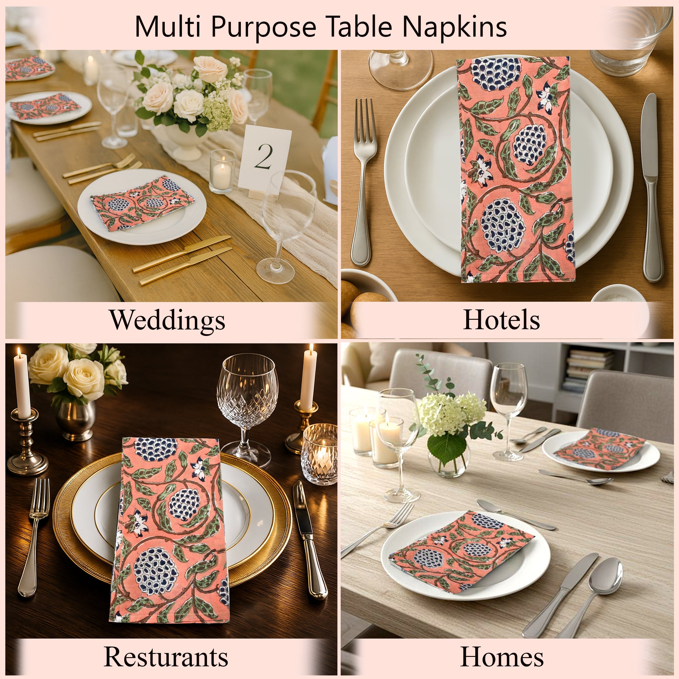 Dark Salmon Pink Plain Napkins Ridhi Block Print