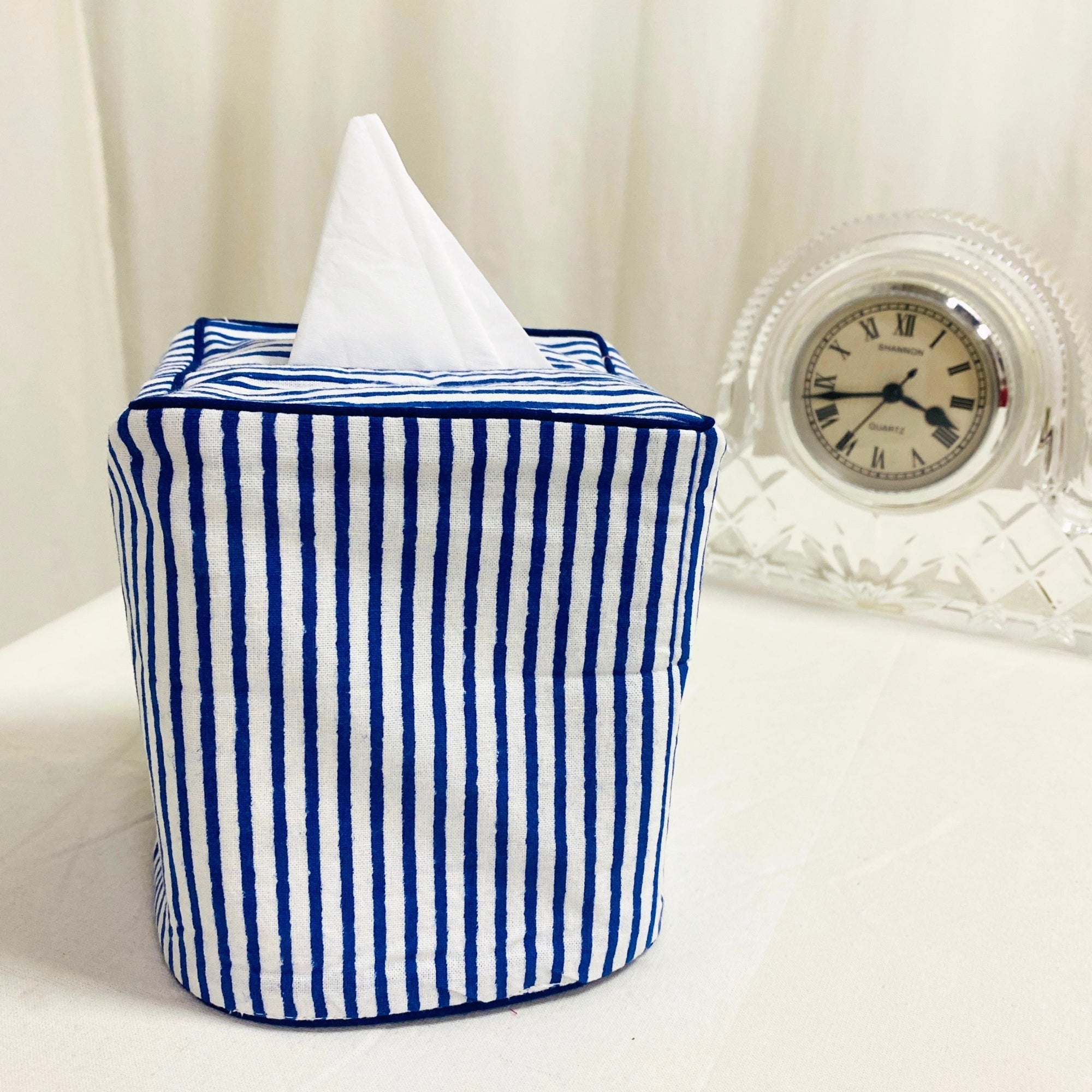 Navy Blue Striped Tissue Box Cover Ridhi Block Print