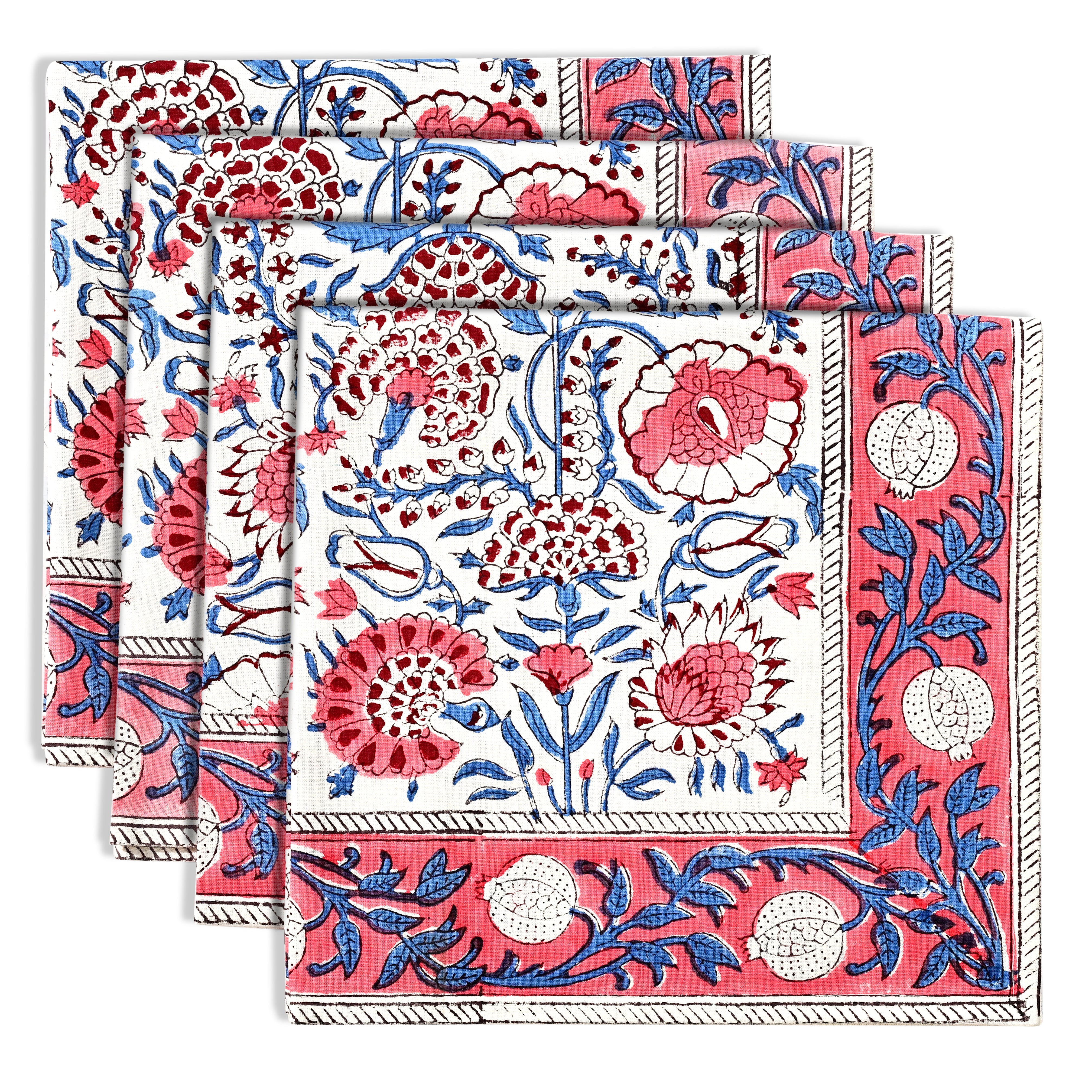 Pigeon Blue and Flamingo Pink Border Napkins Ridhi Block Print