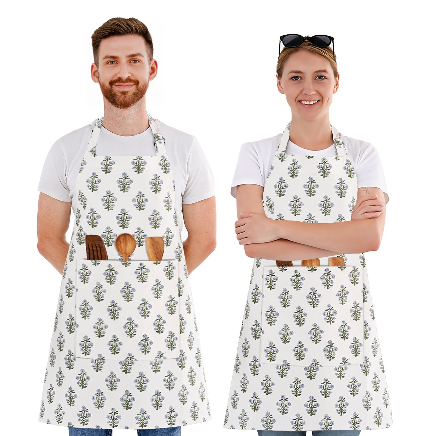 Indian Light Blue Hand Block Printed Cotton Kitchen Apron Ridhi Block Print
