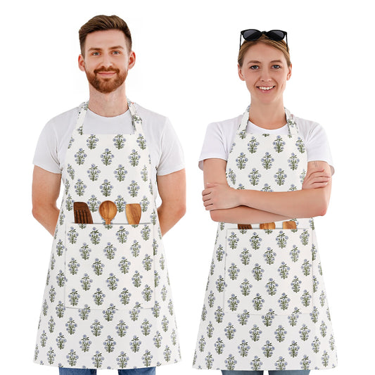 Indian Light Blue Hand Block Printed Cotton Kitchen Apron Ridhi Block Print