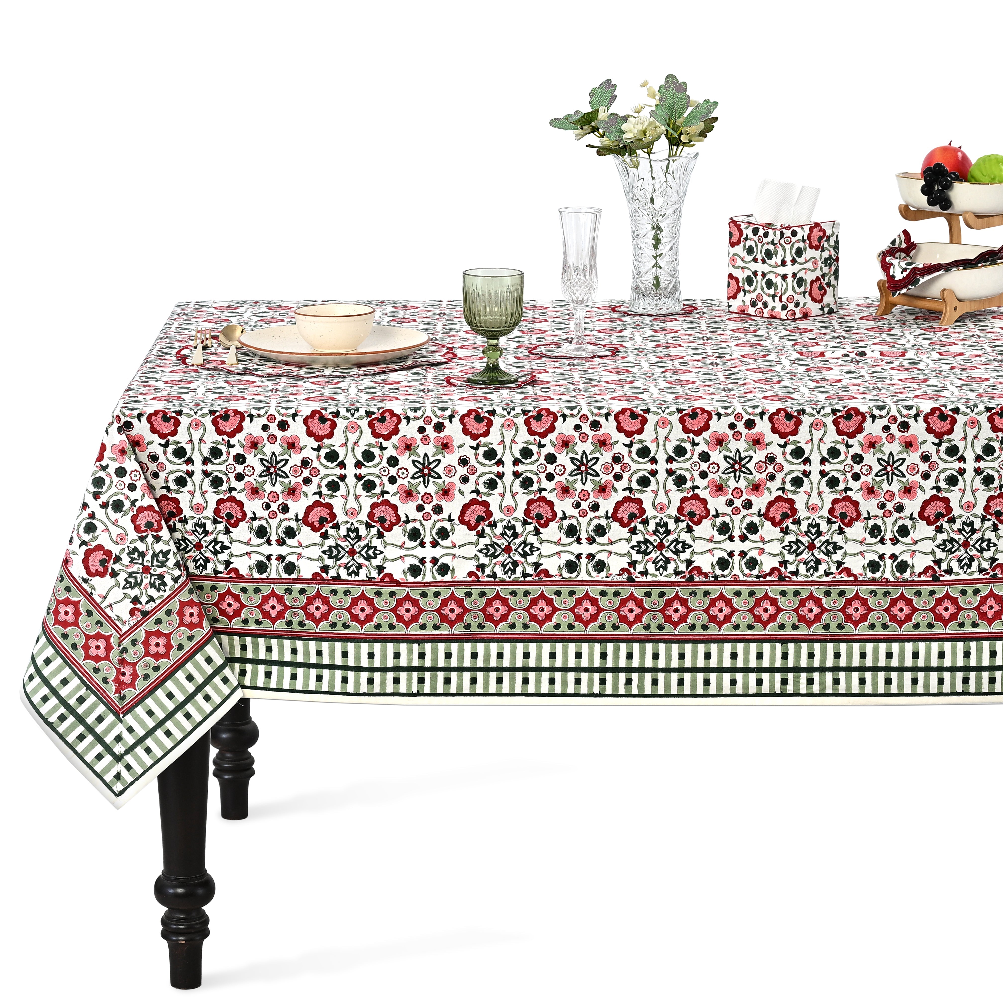 Apple Red & green Square & Rectangle Tablecloth Ridhi Block Print