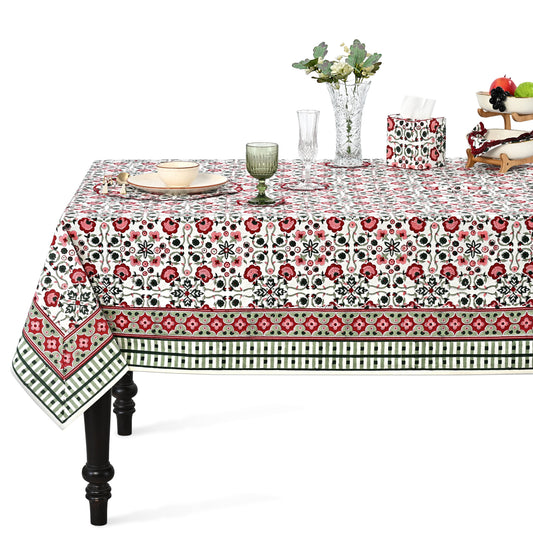 Apple Red & green Square & Rectangle Tablecloth Ridhi Block Print