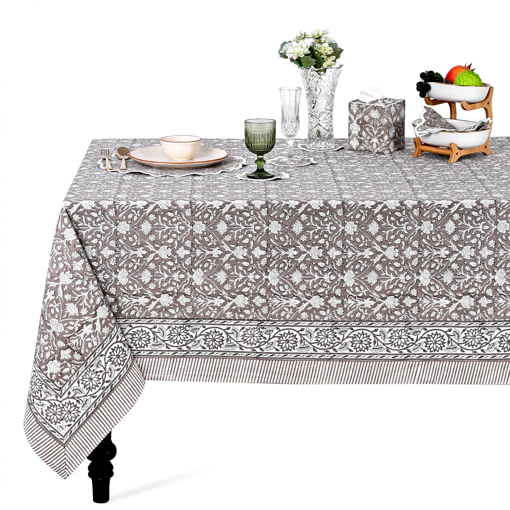 Taupe Rectangle Tablecloth Ridhi Block Print