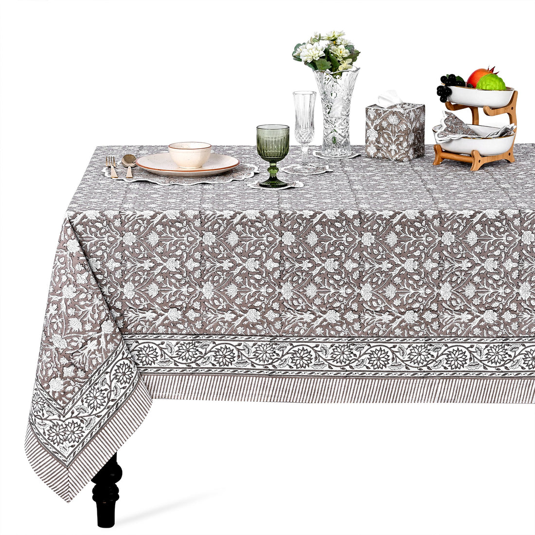 Taupe Square & Rectangle Tablecloth Ridhi Block Print