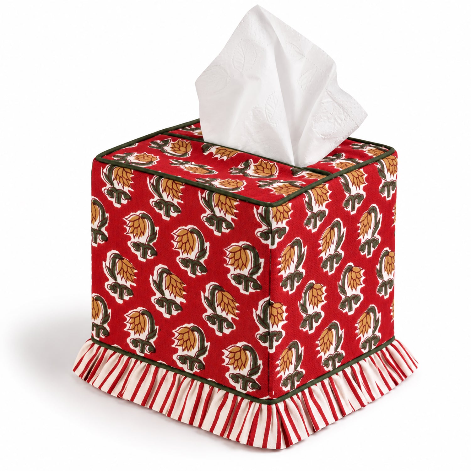 Block Print Ruffle Tissue Box Cover - Chocolate Cosmos Red
