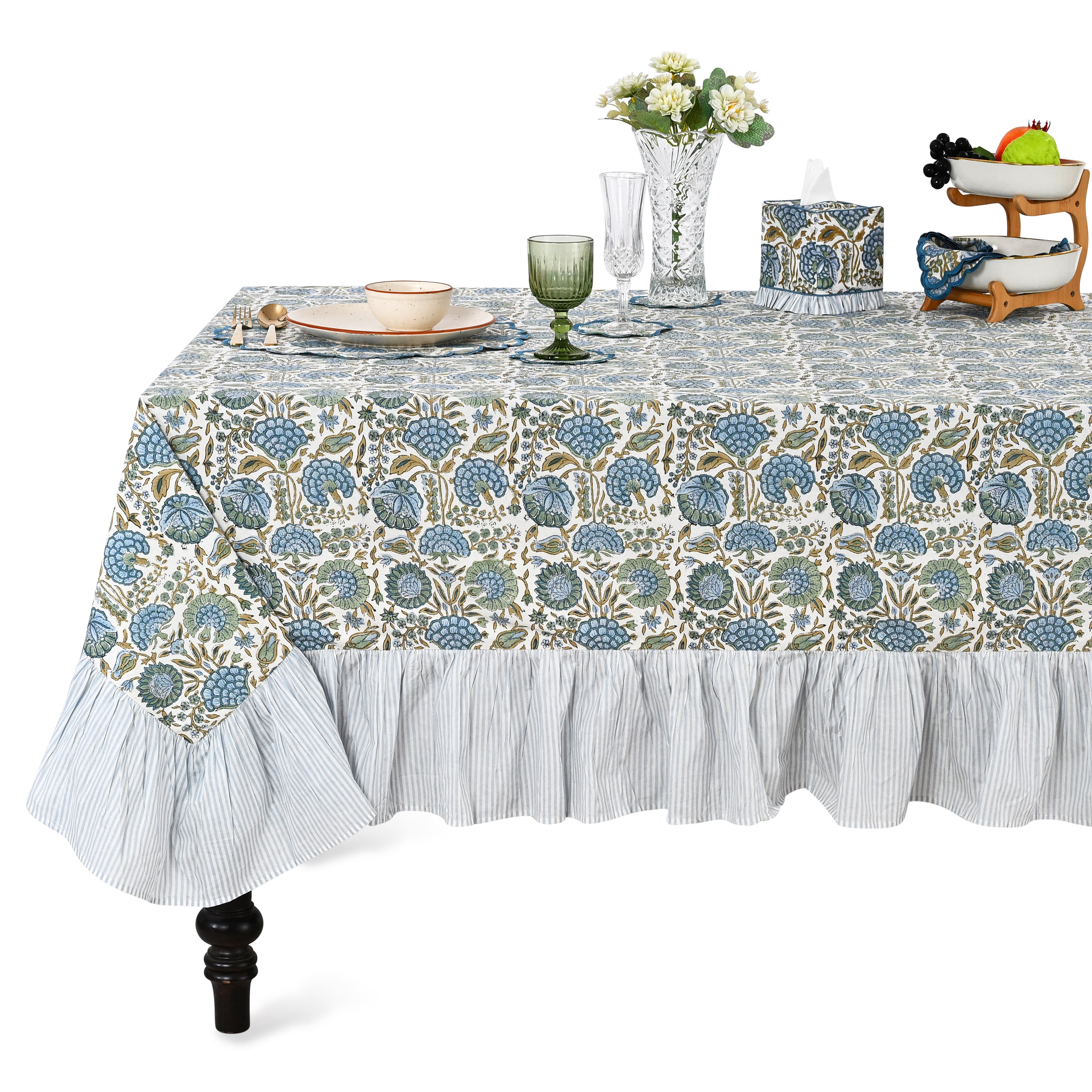Ruffle Rectangle & Square Tablecloth - Asparagus Green Ridhi Block Print