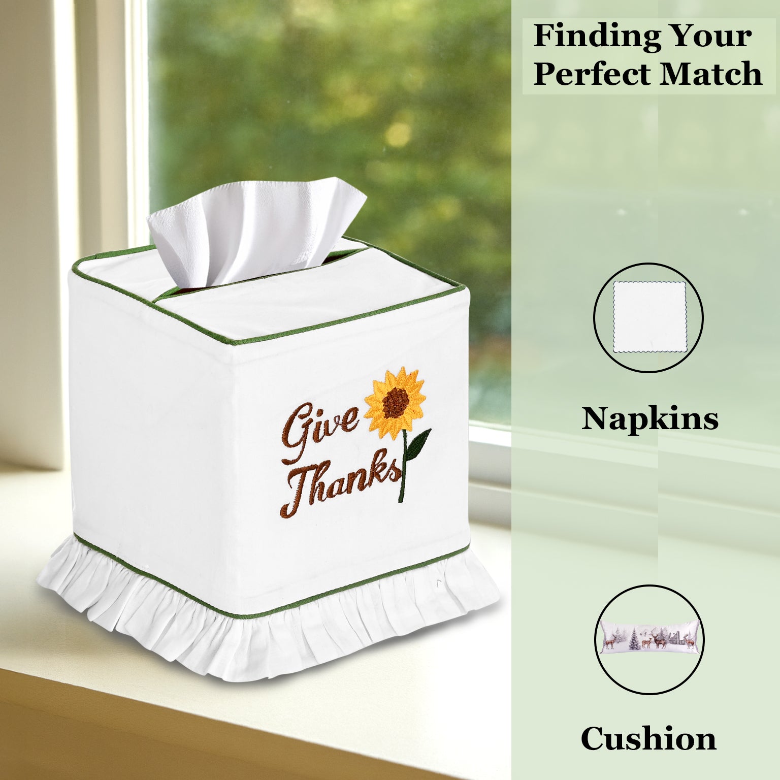 Tissue box cover with 'Give Thanks' and sunflower design, next to images of napkins and a cushion.