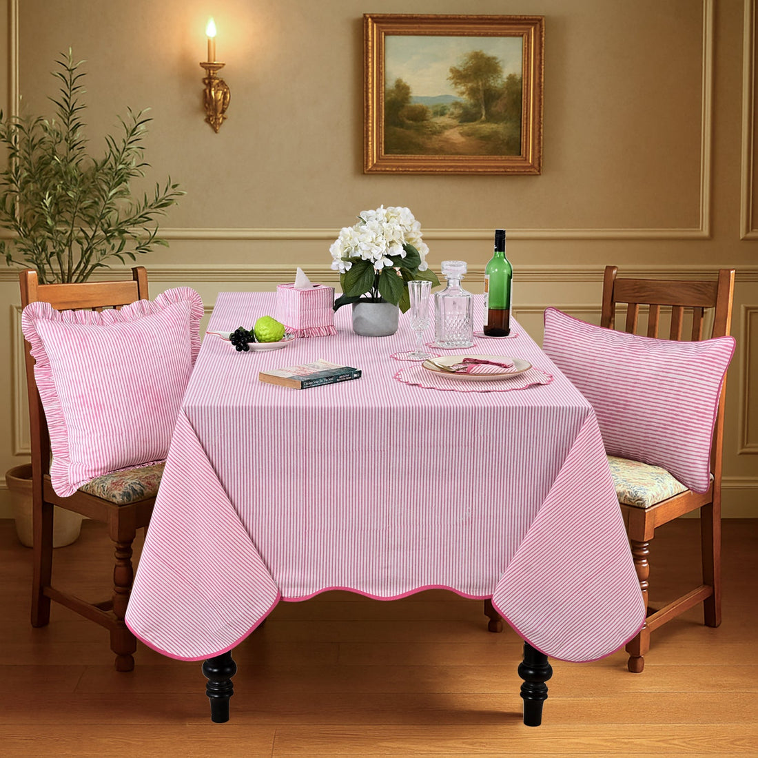 Block Print Cotton Scallop Tablecloth - Taffy Pink Stripe RIDHI