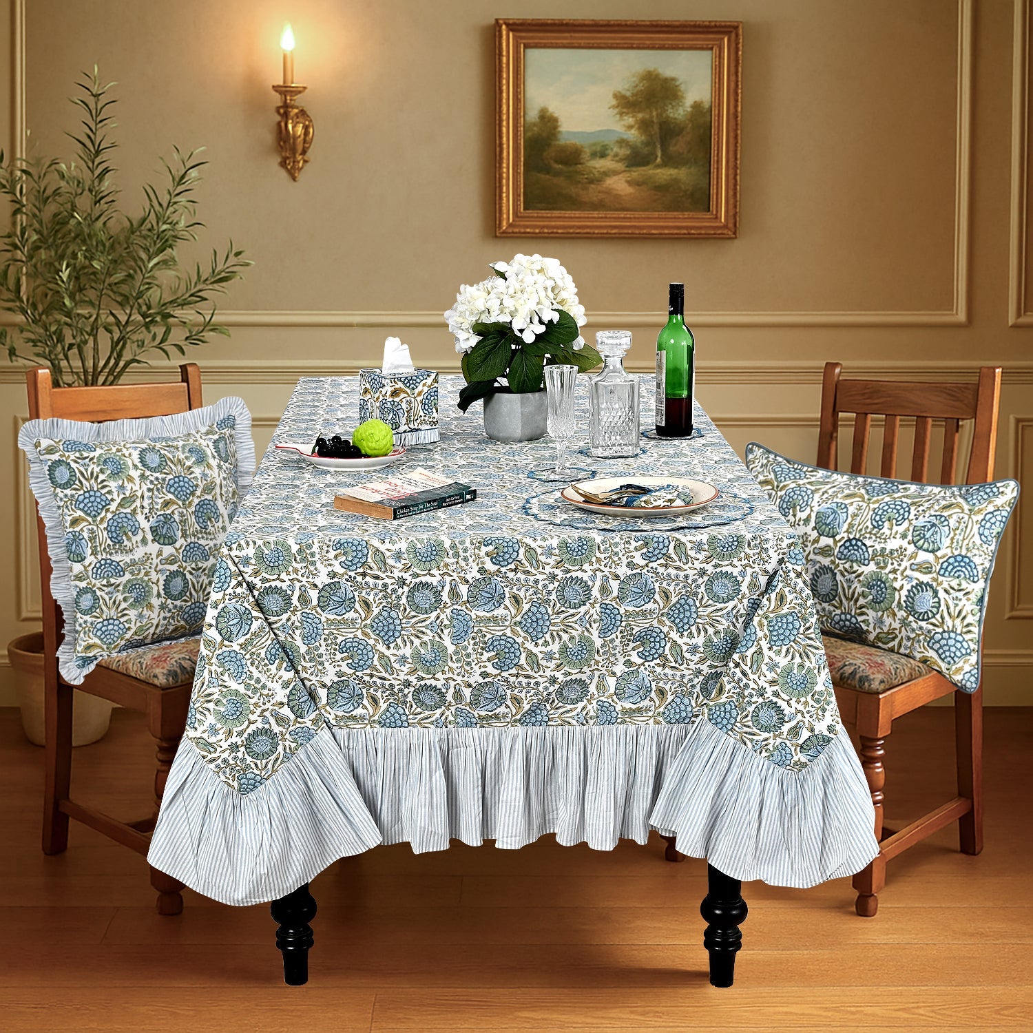 Ruffle Rectangle & Square Tablecloth - Asparagus Green Ridhi Block Print