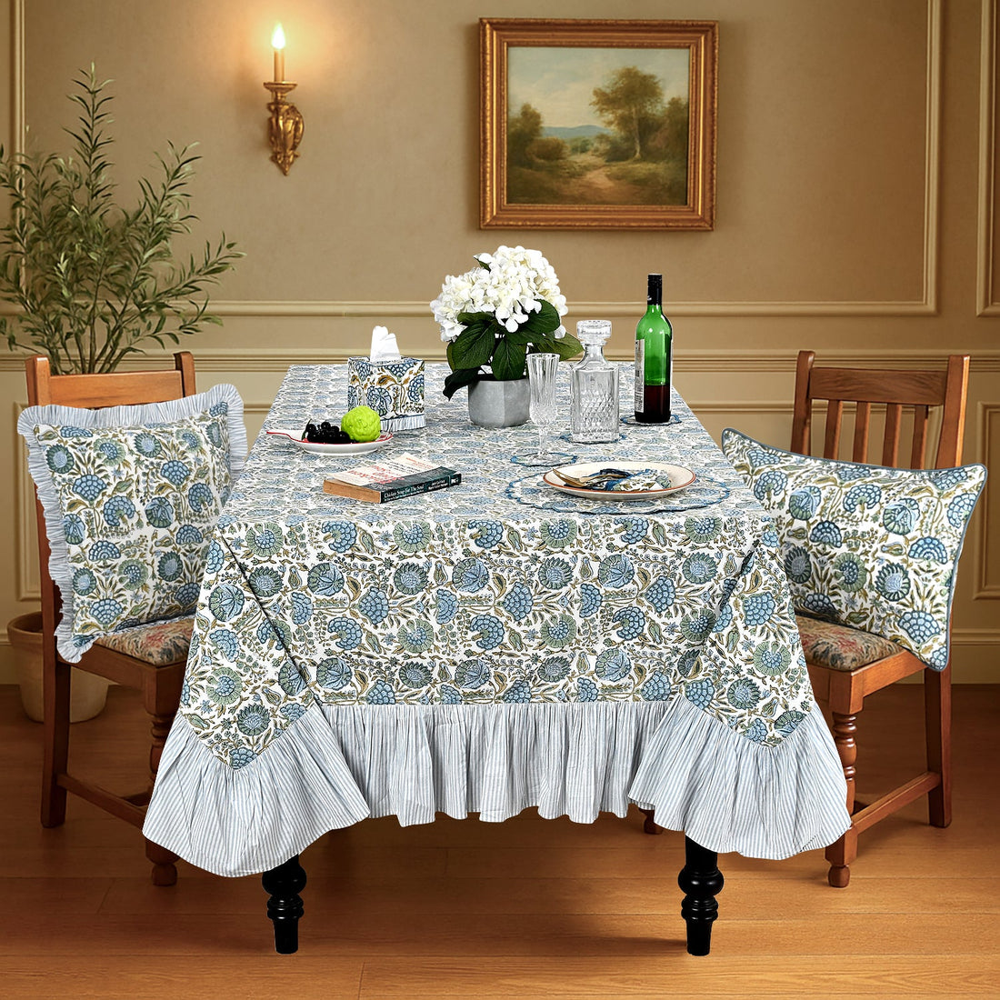 Ruffle Rectangle & Square Tablecloth - Asparagus Green Ridhi Block Print