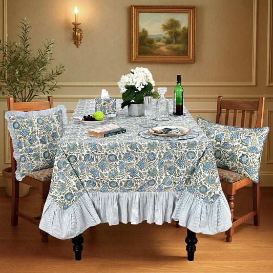 Ruffle Rectangle & Square Tablecloth - Asparagus Green Ridhi Block Print