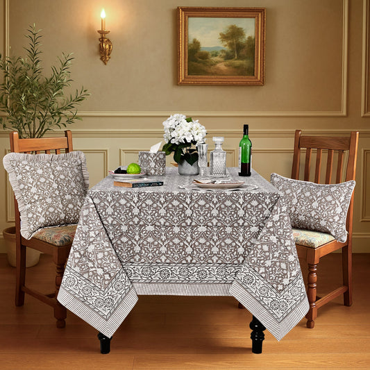 Taupe Rectangle Tablecloth Ridhi Block Print