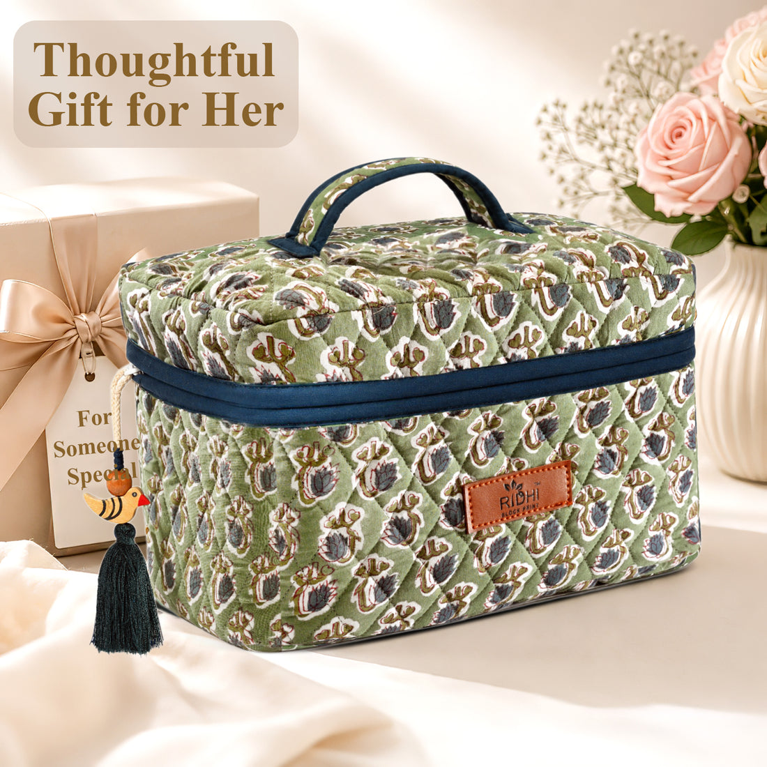 Basil Green Block Print Quilted Cosmetic Bag