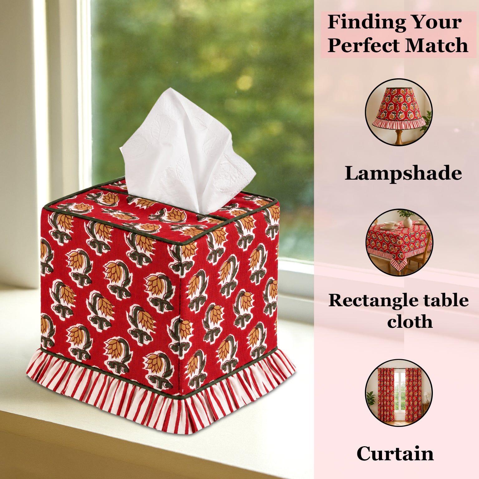 Block Print Ruffle Tissue Box Cover - Chocolate Cosmos Red