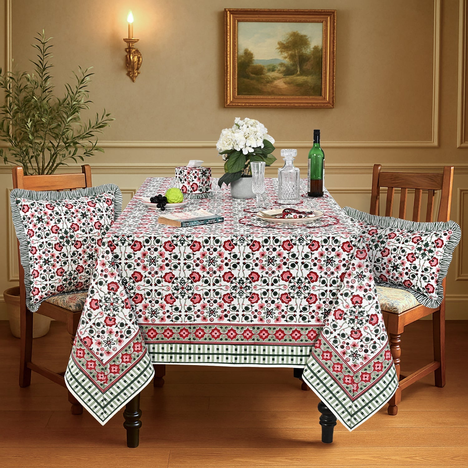 Apple Red & green Square & Rectangle Tablecloth Ridhi Block Print