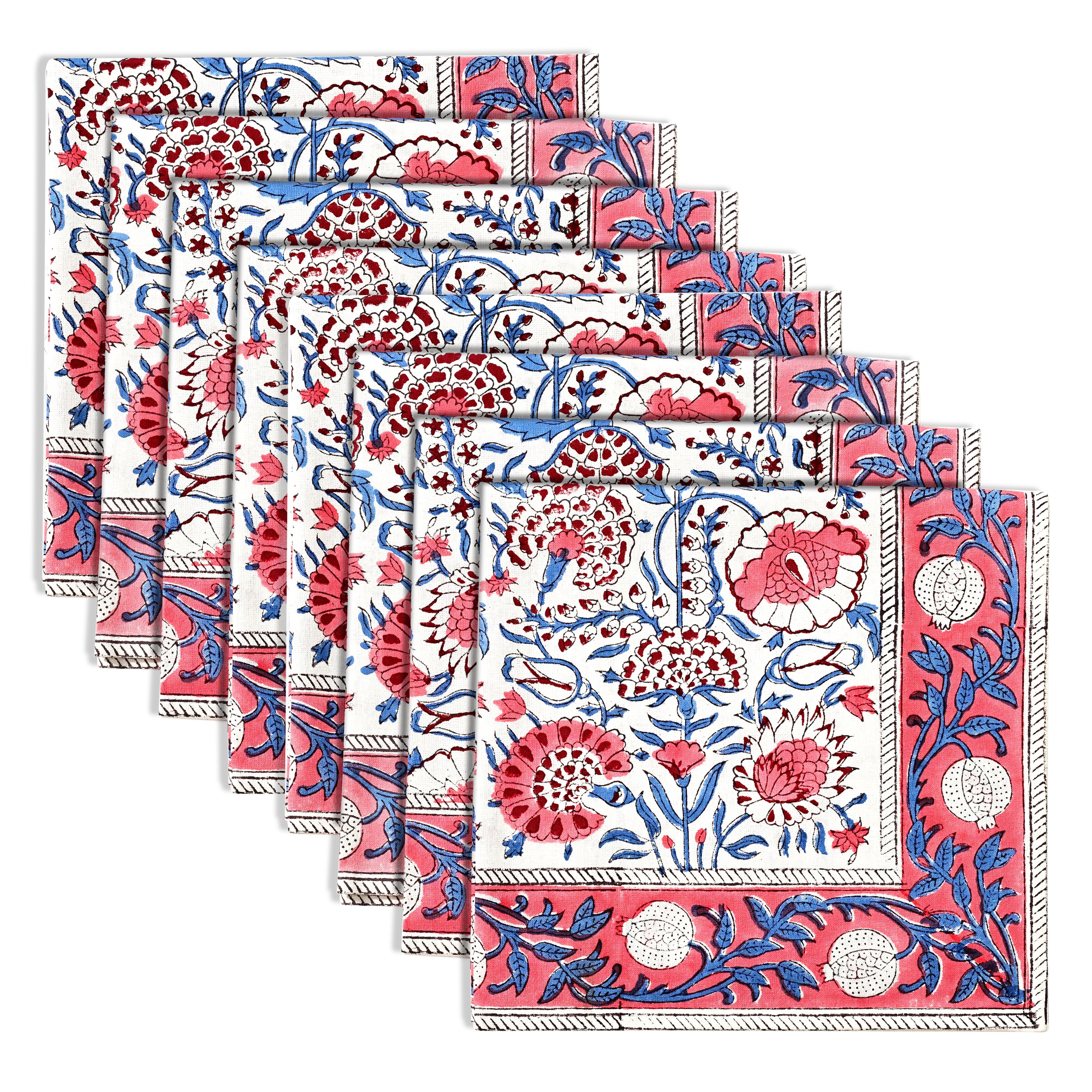Pigeon Blue and Flamingo Pink Border Napkins Ridhi Block Print