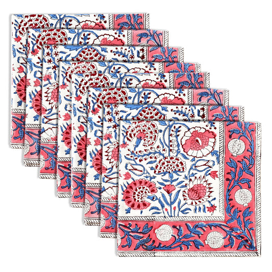 Pigeon Blue and Flamingo Pink Border Napkins Ridhi Block Print