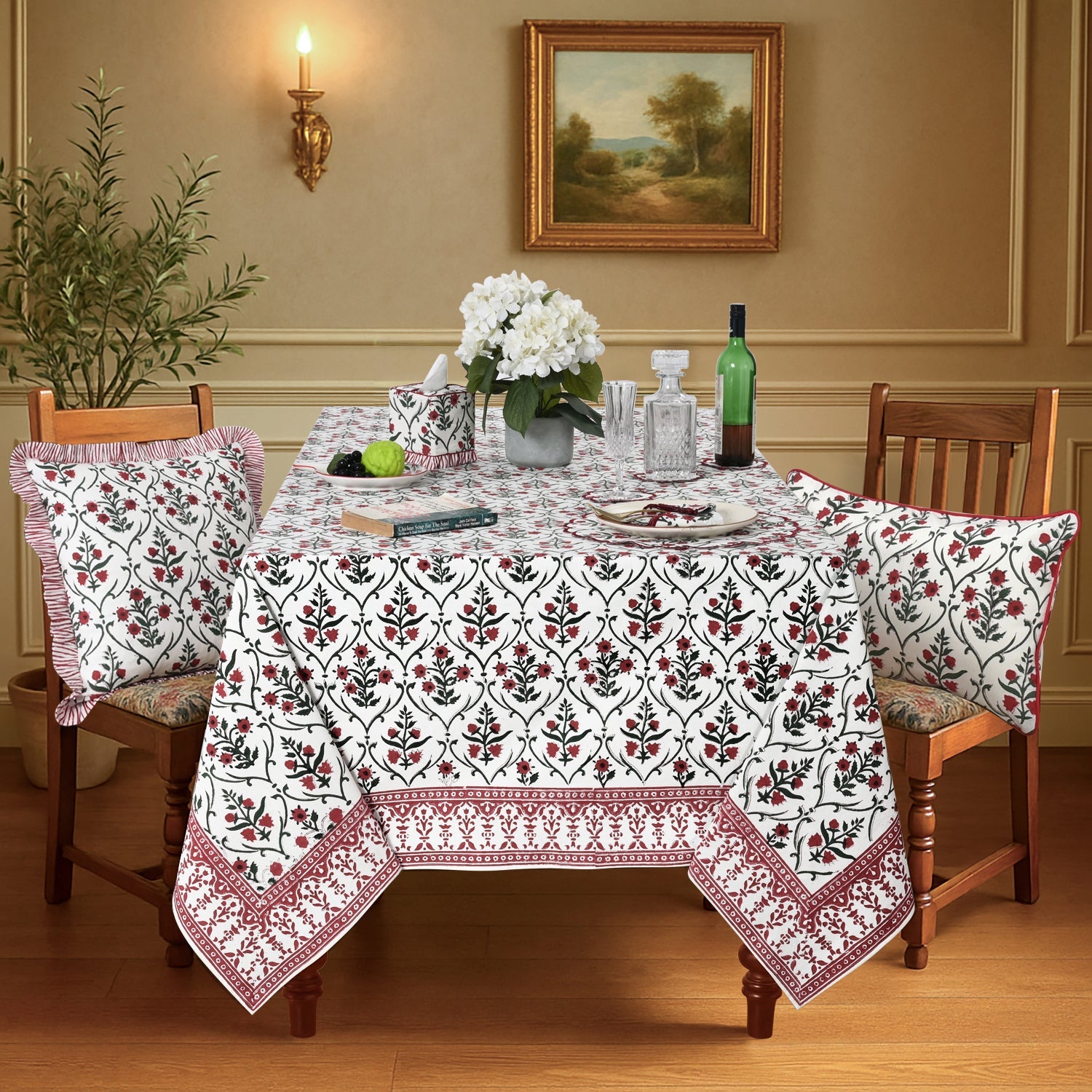 Ruby Red Emerald Green Rectangle Tablecloth Ridhi Block Print
