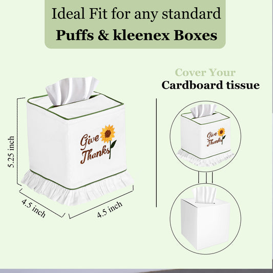 Tissue box cover with 'Give Thanks' text and sunflower design on a green background