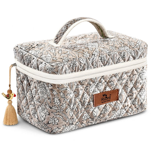 Taupe Block Print Quilted Cosmetic Bag RIDHI
