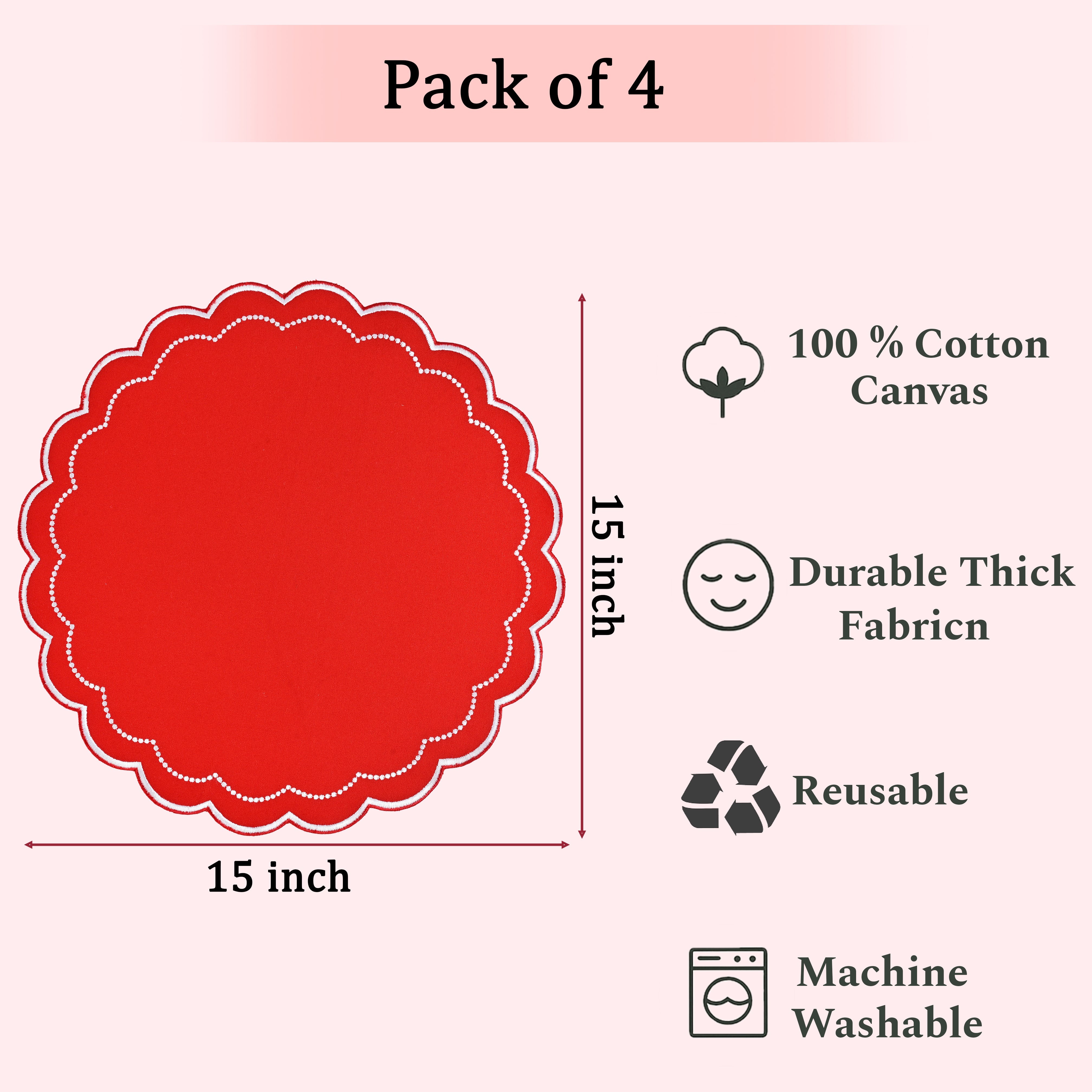 Red Scalloped Embroidery Round Placemat Ridhi Block Print