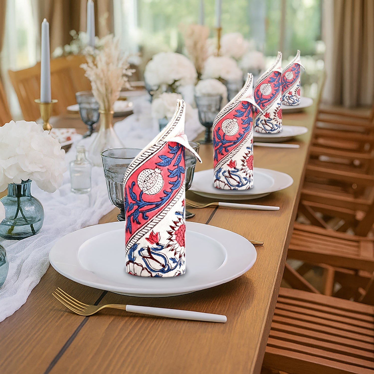 Pigeon Blue and Flamingo Pink Border Napkins Ridhi Block Print