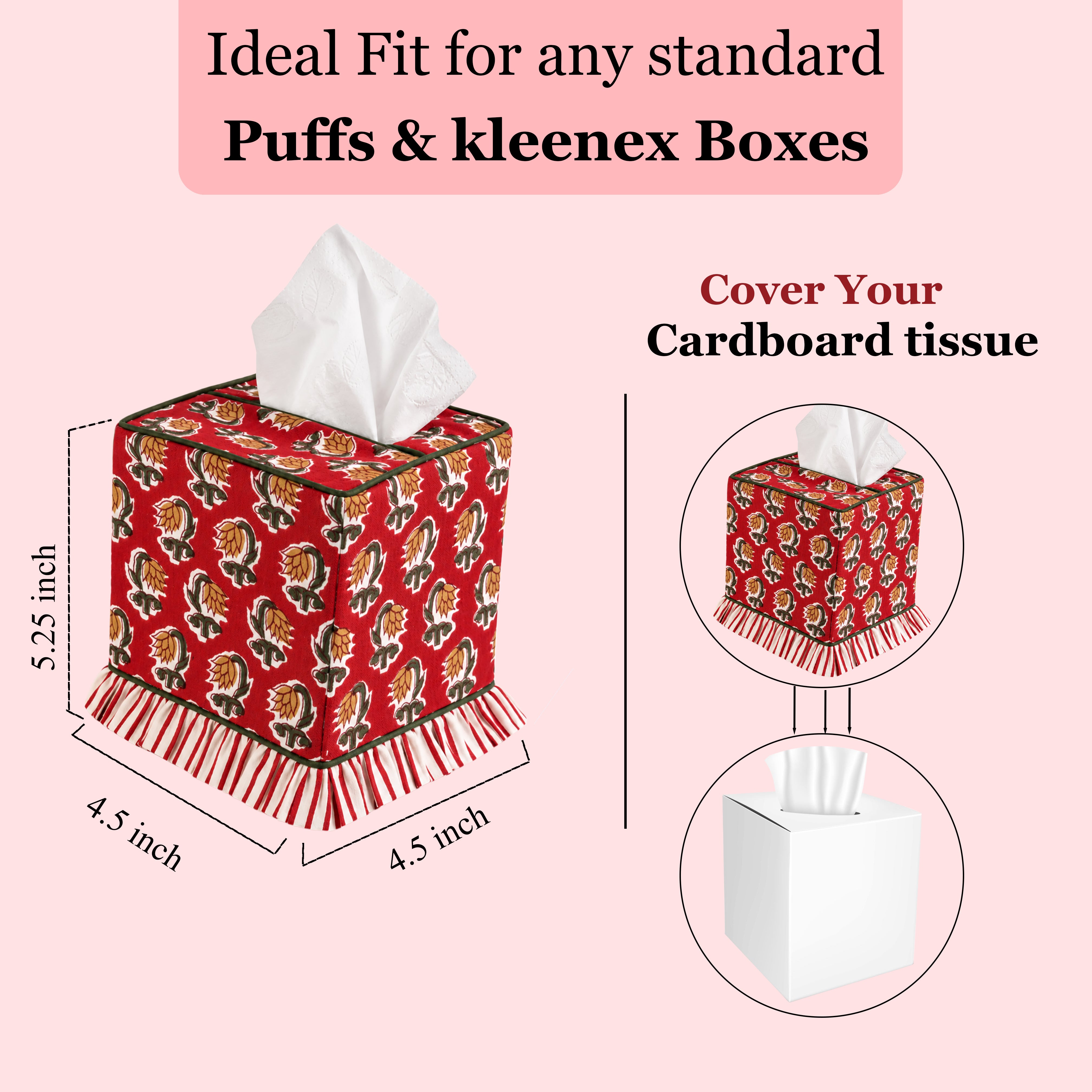 Block Print Ruffle Tissue Box Cover - Chocolate Cosmos Red