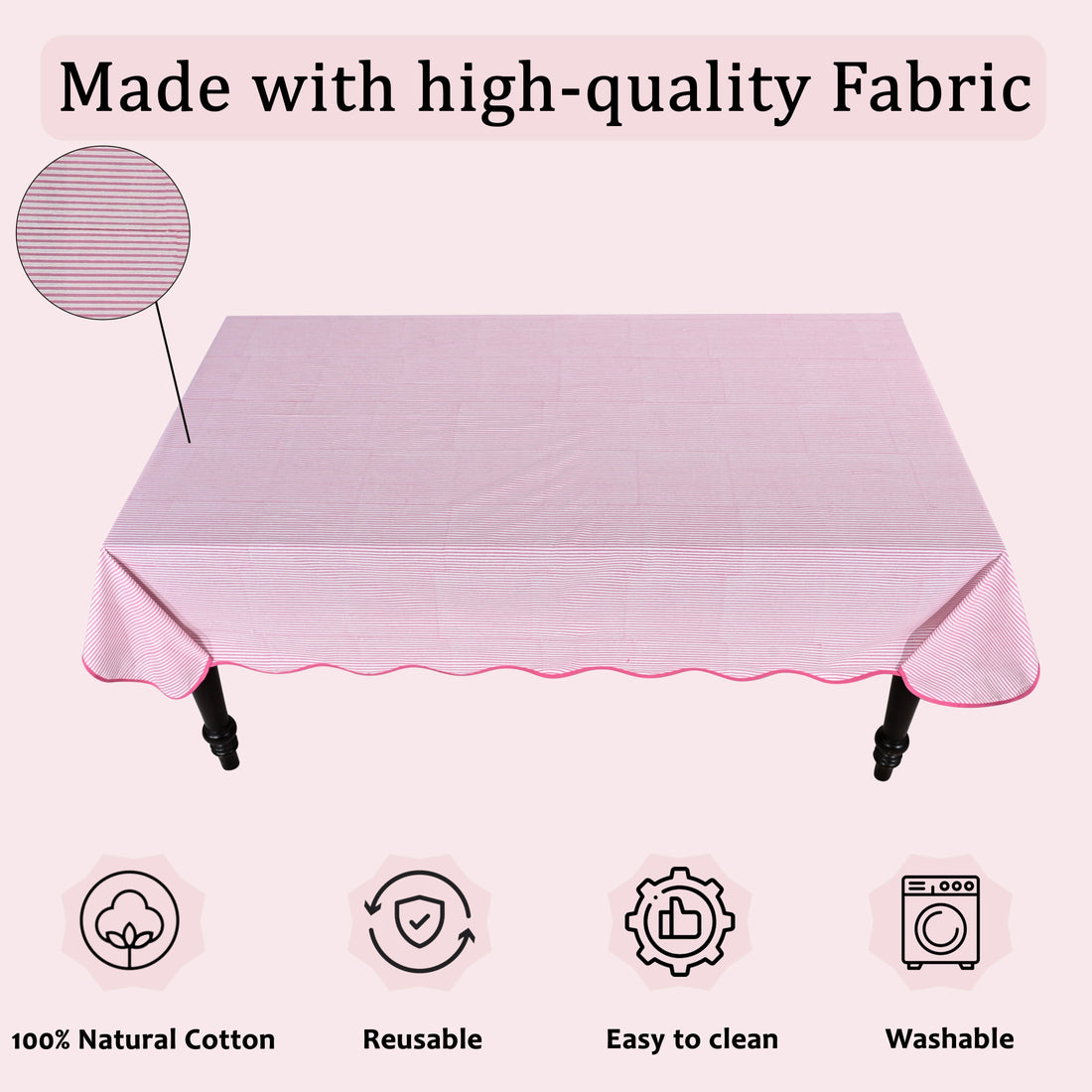 Block Print Cotton Scallop Tablecloth - Taffy Pink Stripe RIDHI
