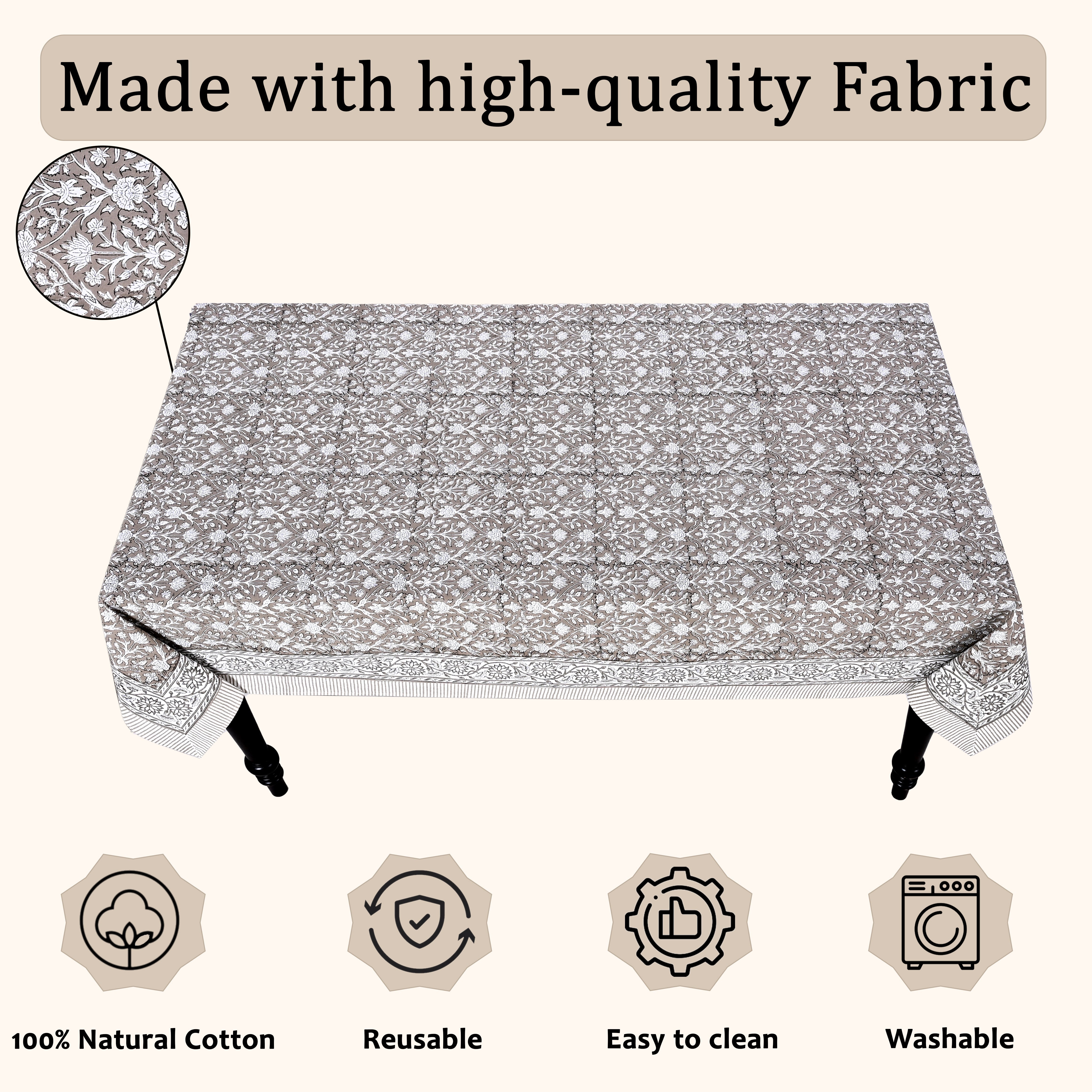 Taupe Rectangle Tablecloth Ridhi Block Print