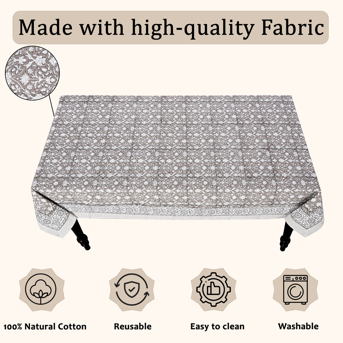 Taupe Square & Rectangle Tablecloth Ridhi Block Print