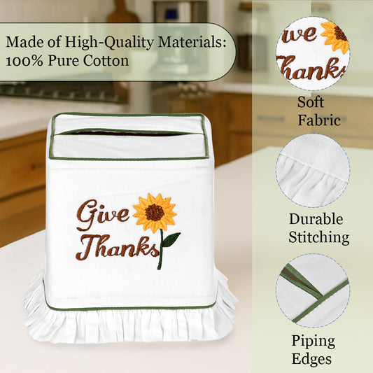 Tissue holder with 'Give Thanks' and sunflower design in a kitchen setting, featuring high-quality materials text.