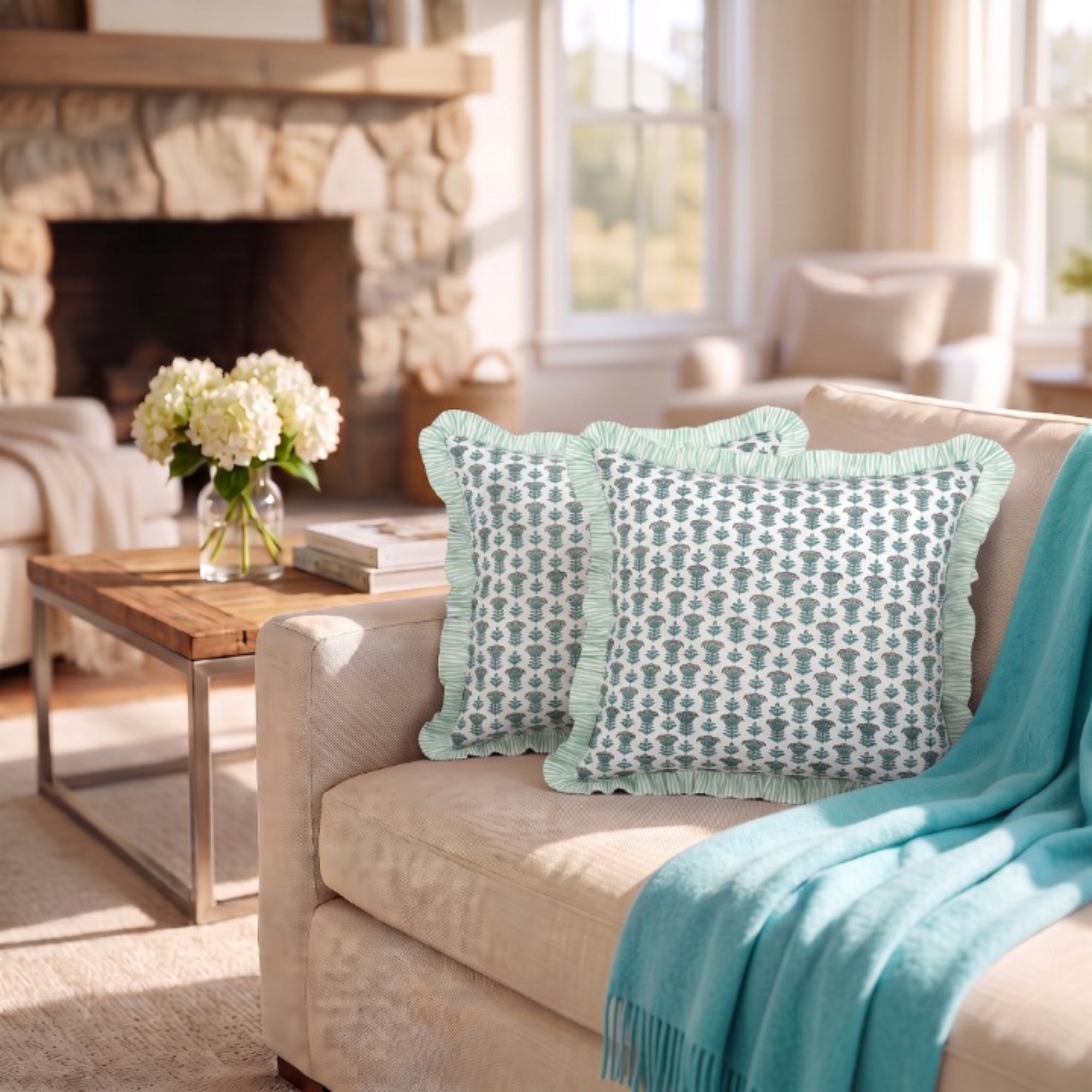 Aquamarine Blue Ruffle Pillow Cover Ridhi Block Print