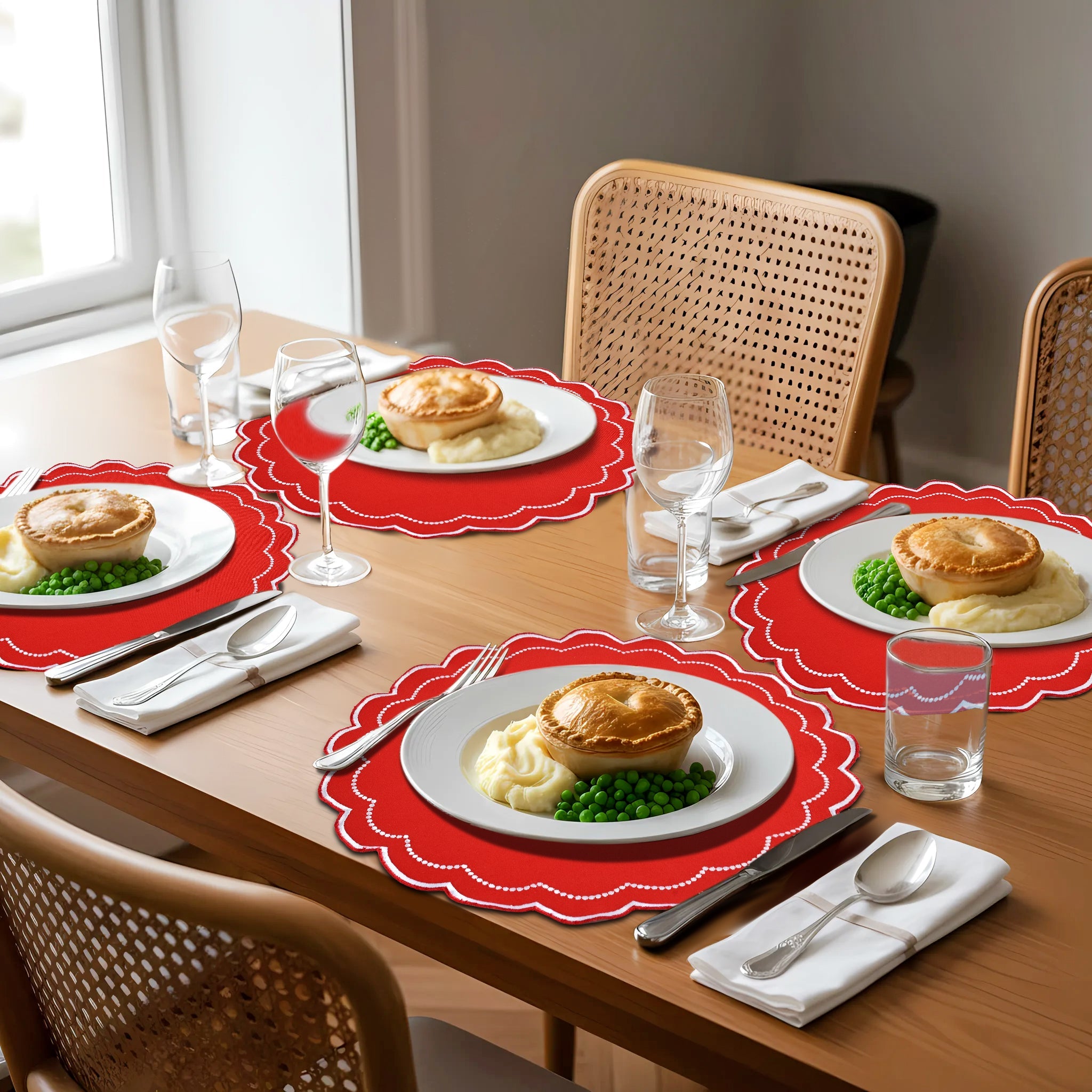Red Scalloped Embroidery Round Placemat Ridhi Block Print