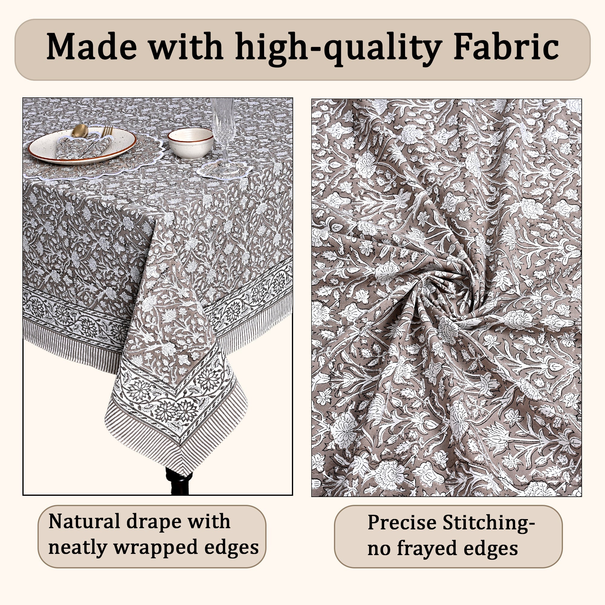 Taupe Rectangle Tablecloth Ridhi Block Print