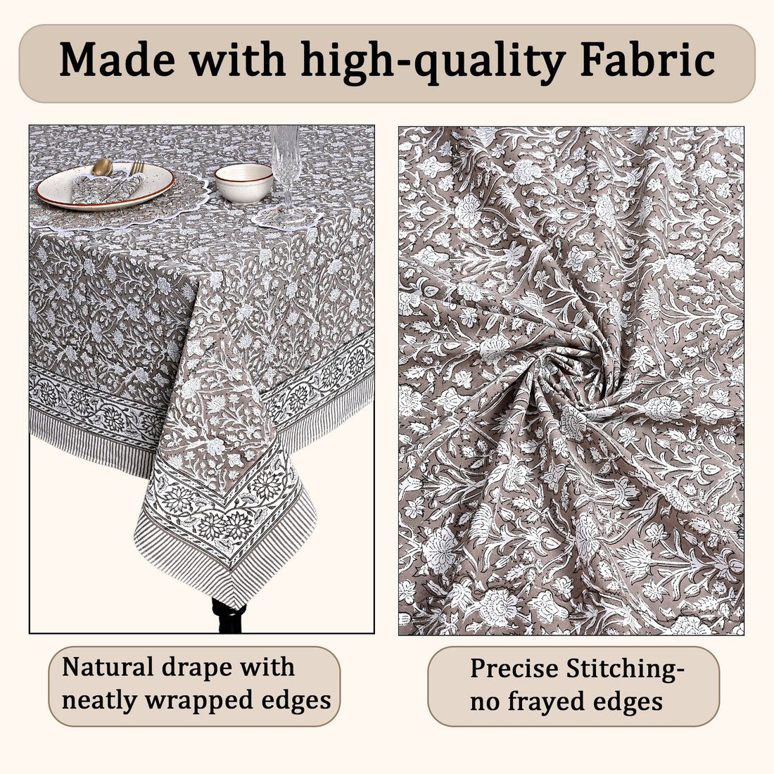 Taupe Square & Rectangle Tablecloth Ridhi Block Print