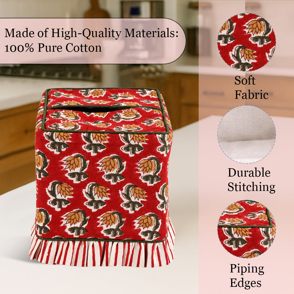 Block Print Ruffle Tissue Box Cover - Chocolate Cosmos Red