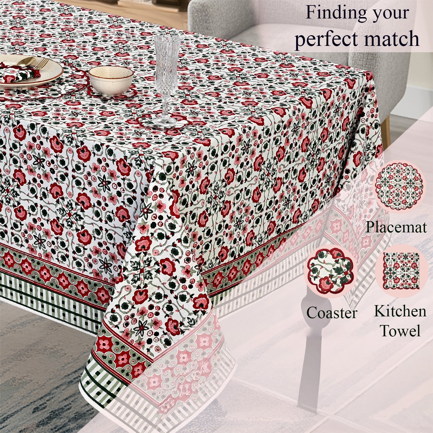 Apple Red & green Square & Rectangle Tablecloth Ridhi Block Print