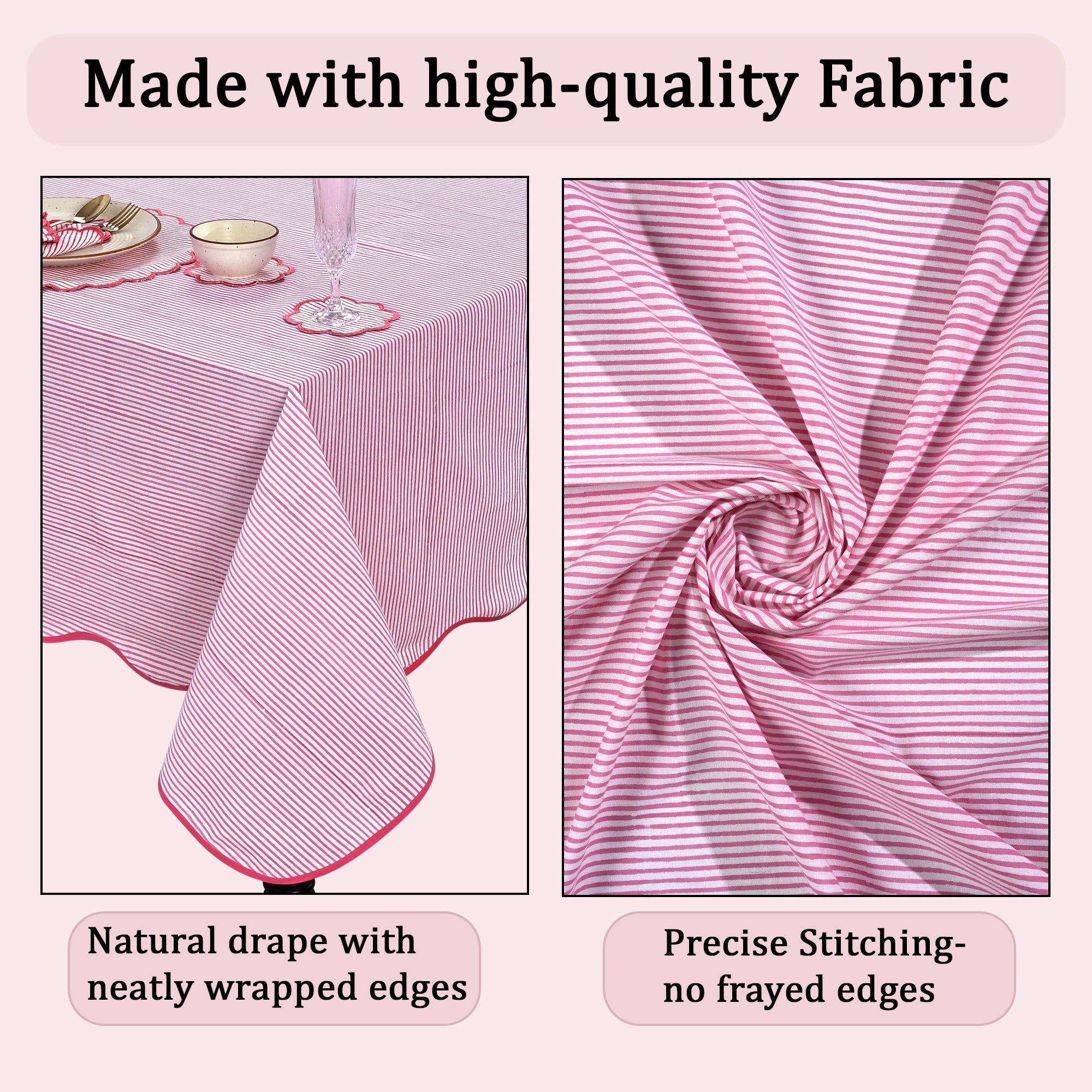 Block Print Cotton Scallop Tablecloth - Taffy Pink Stripe RIDHI