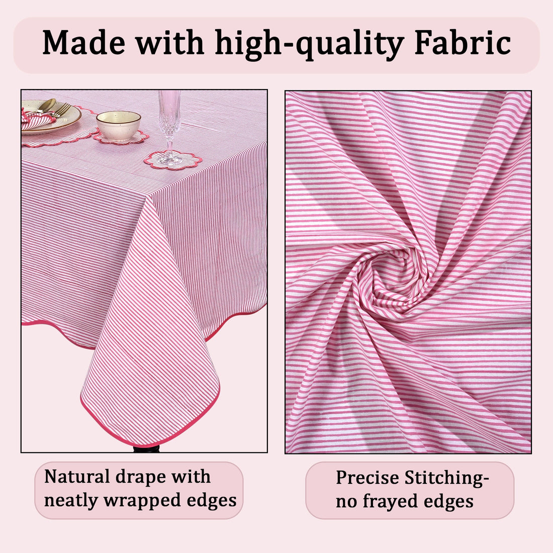 Block Print Cotton Scallop Tablecloth - Taffy Pink Stripe RIDHI