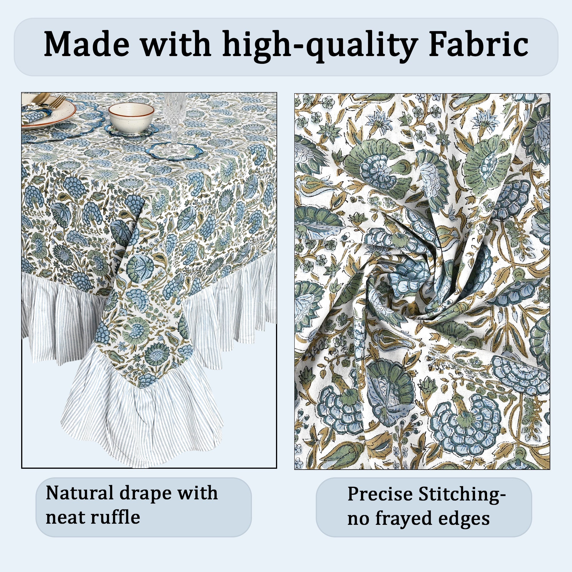 Ruffle Rectangle & Square Tablecloth - Asparagus Green Ridhi Block Print