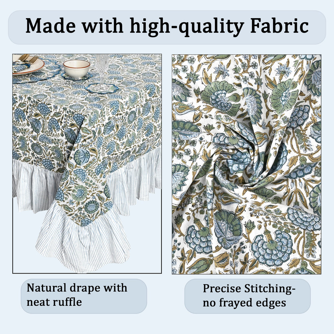 Ruffle Rectangle & Square Tablecloth - Asparagus Green Ridhi Block Print