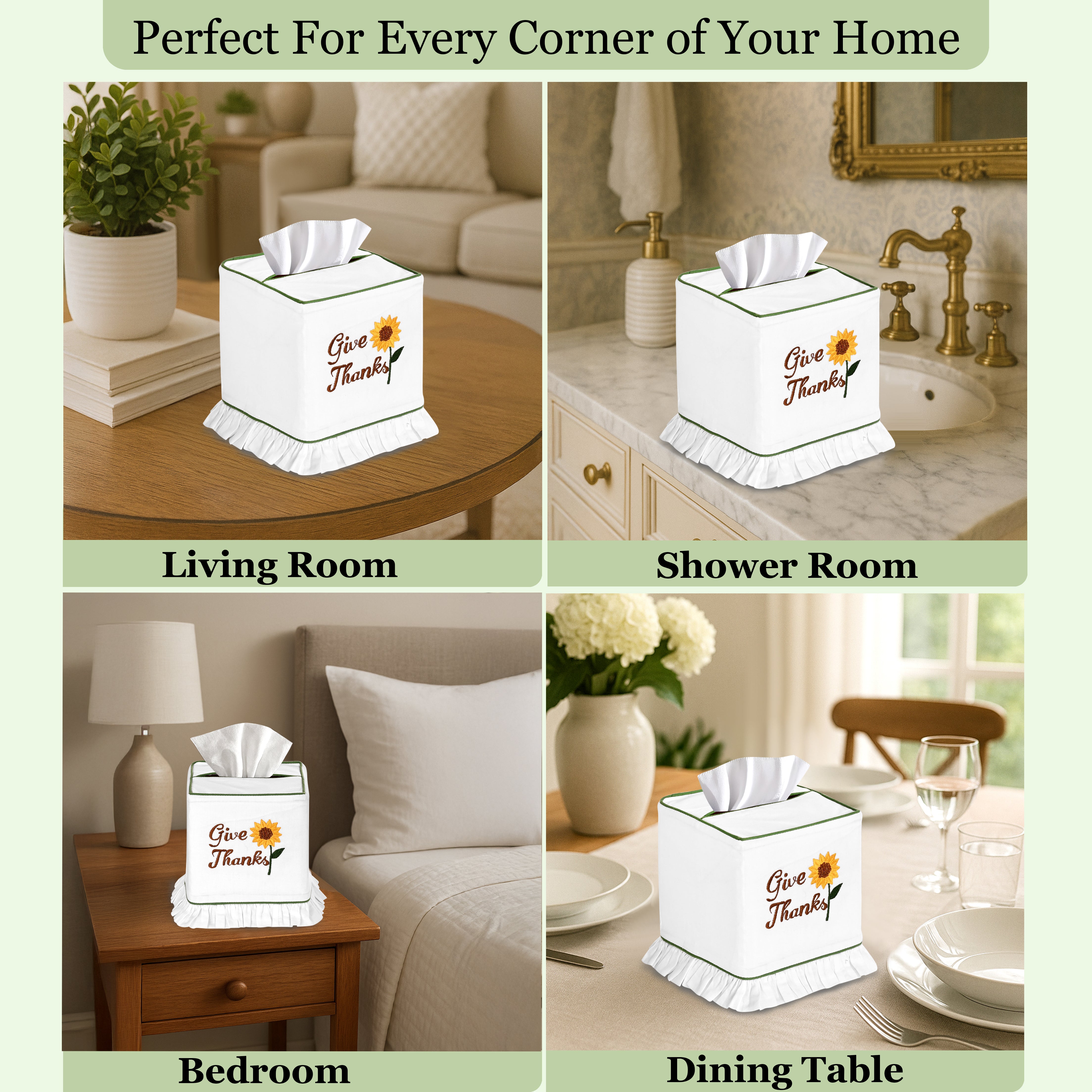 Tissue box cover with 'Give Thanks' text and sunflower design in various home settings.