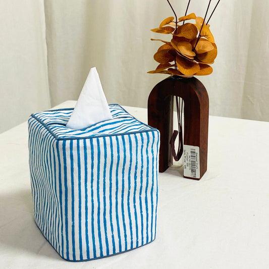 Aqua Blue Striped Tissue Box Cover Ridhi Block Print
