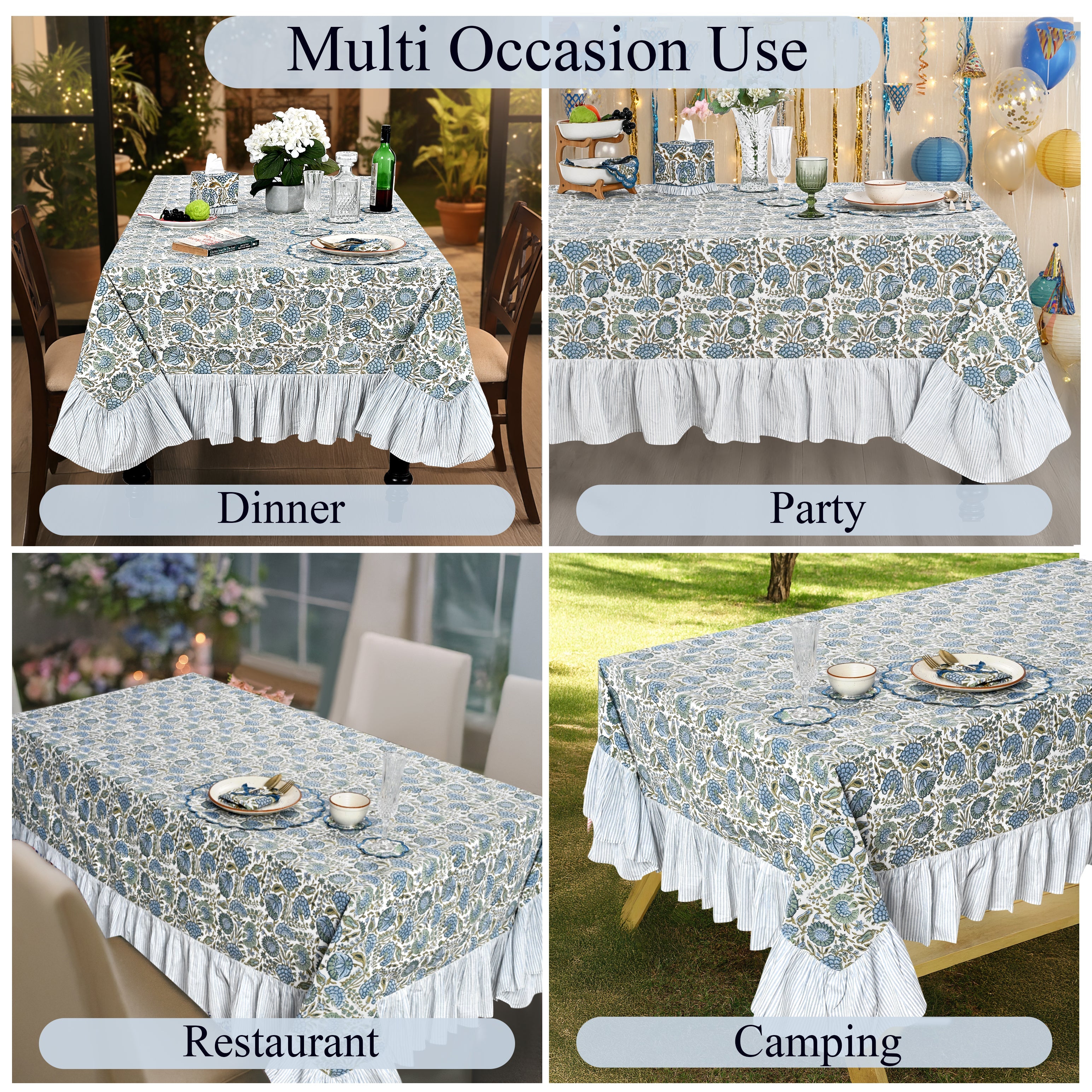 Ruffle Rectangle & Square Tablecloth - Asparagus Green Ridhi Block Print
