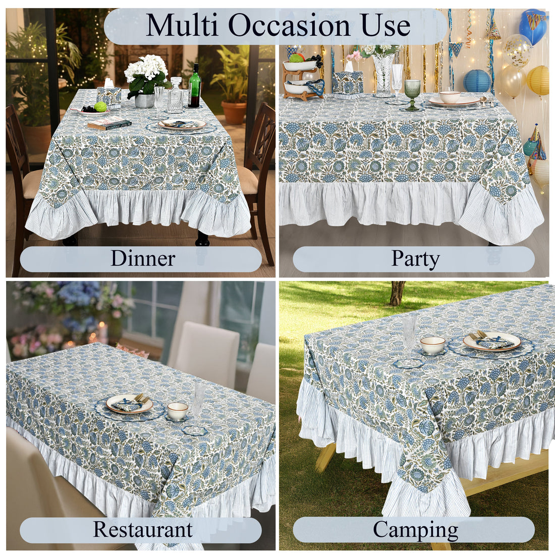 Ruffle Rectangle & Square Tablecloth - Asparagus Green Ridhi Block Print