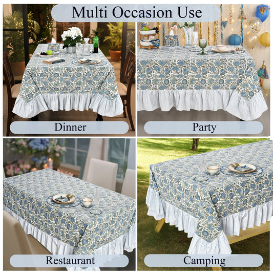 Ruffle Rectangle & Square Tablecloth - Asparagus Green Ridhi Block Print