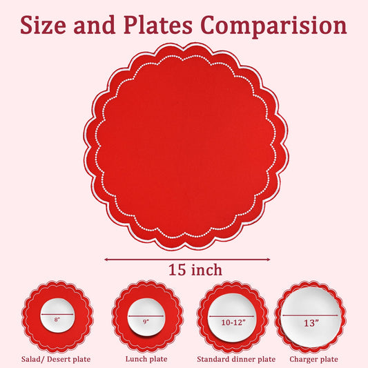 Red Scalloped Embroidery Round Placemat Ridhi Block Print